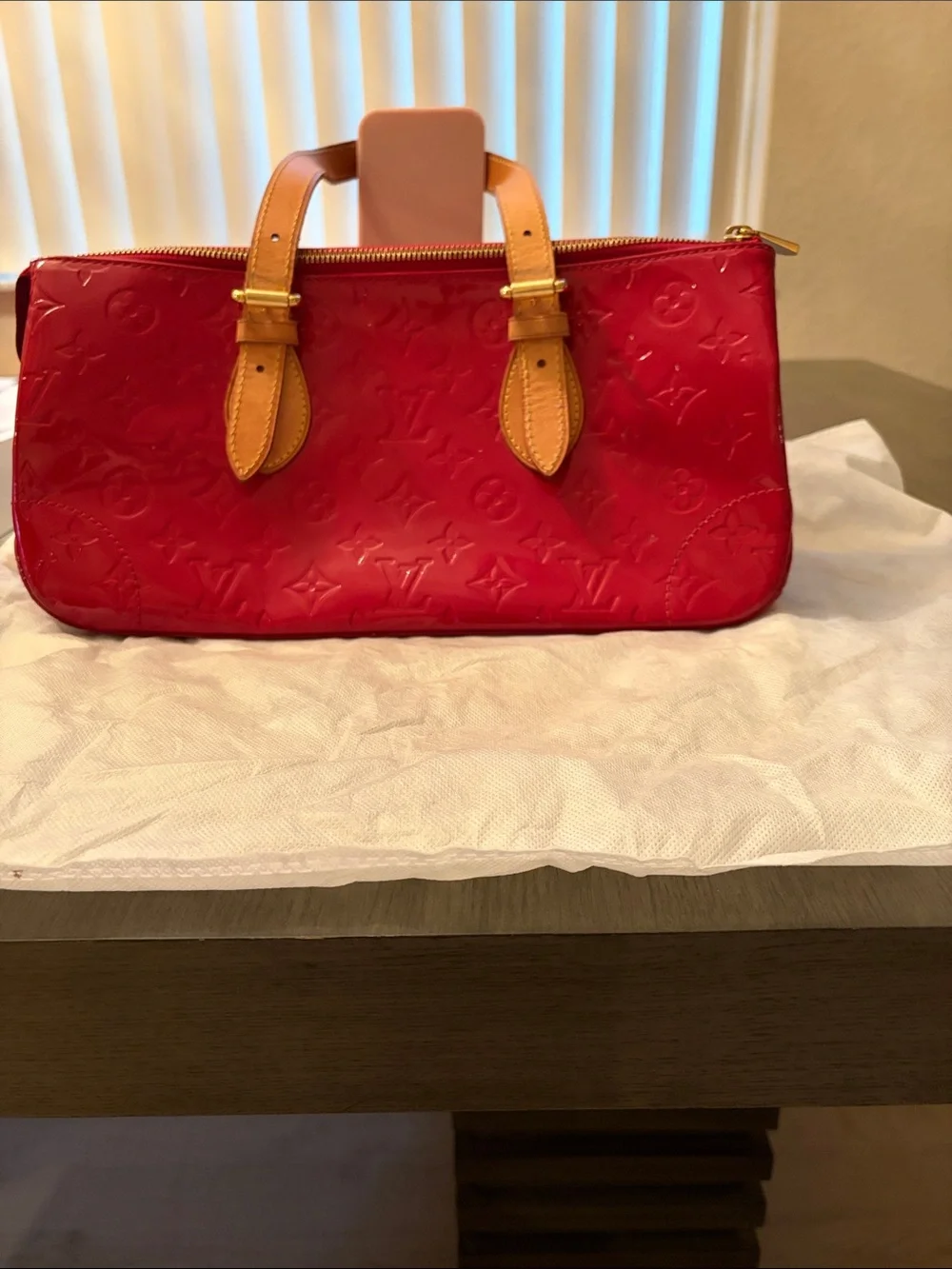Louis Vuitton Red Patent Monogram Satchel with Tan Leather Handles